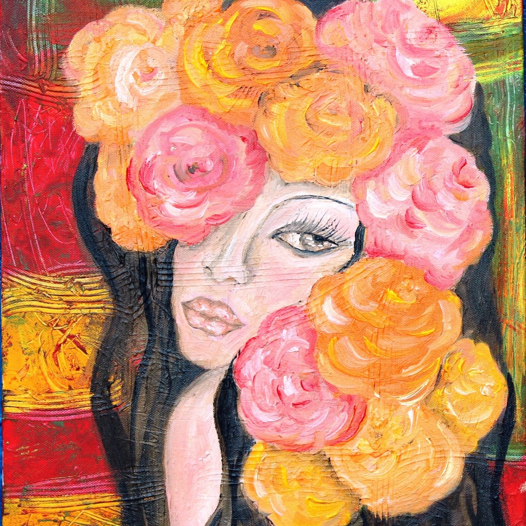 Tableau évoquant une belle femme avec des cheveux en fleurs