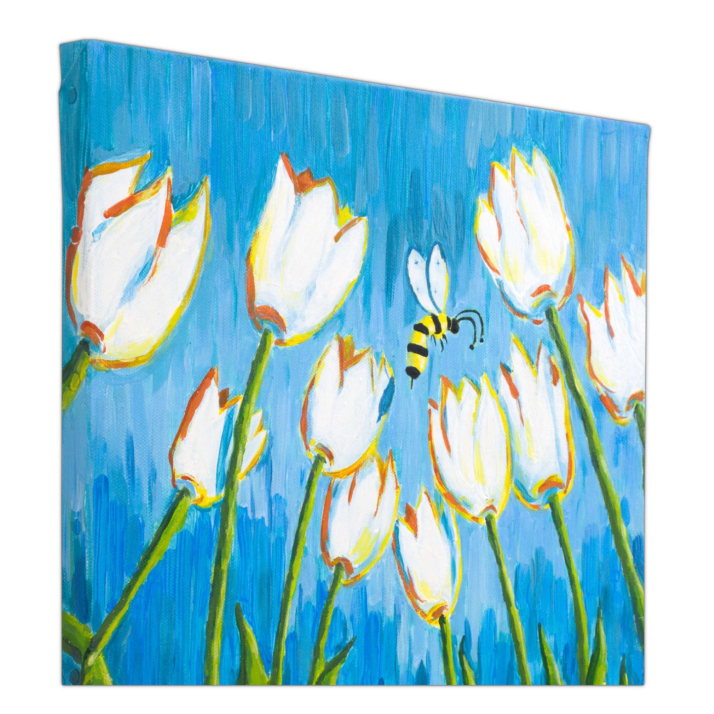 Tableau Peinture Tulipes et petite compagnie - Abeille et Coccinelle - Vue du bord gauche