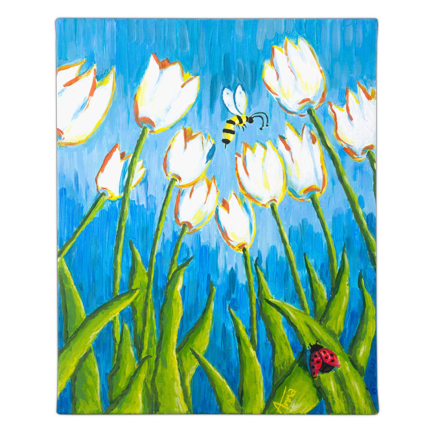 Tableau Peinture Tulipes et petite compagnie - Abeille et Coccinelle - Vue de face